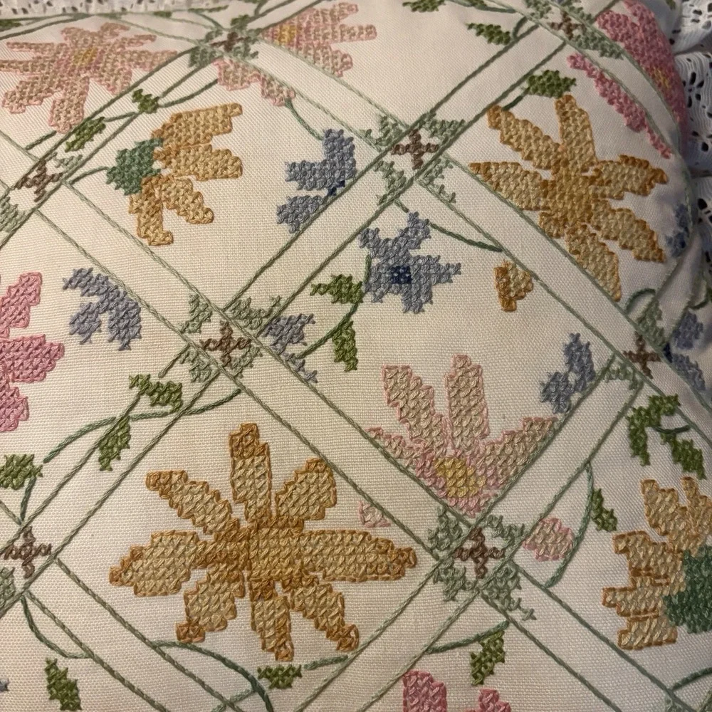 VTG Handmade Throw Pillow Cream Floral Cross Stitch Lace Trim Cottagecore Granny